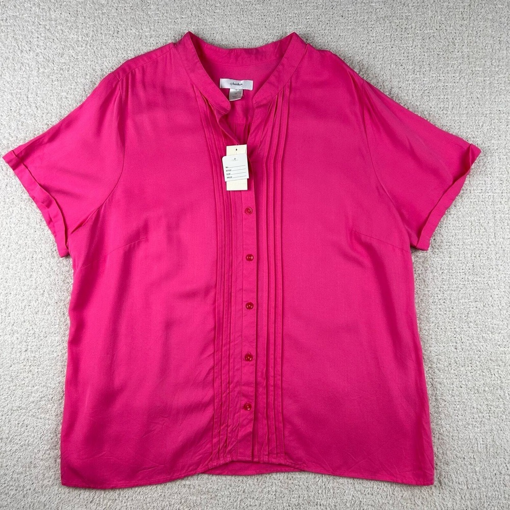 CJ Banks Womens Top Pink Plus 1X Pleated Professional Short Sleeve Button Down